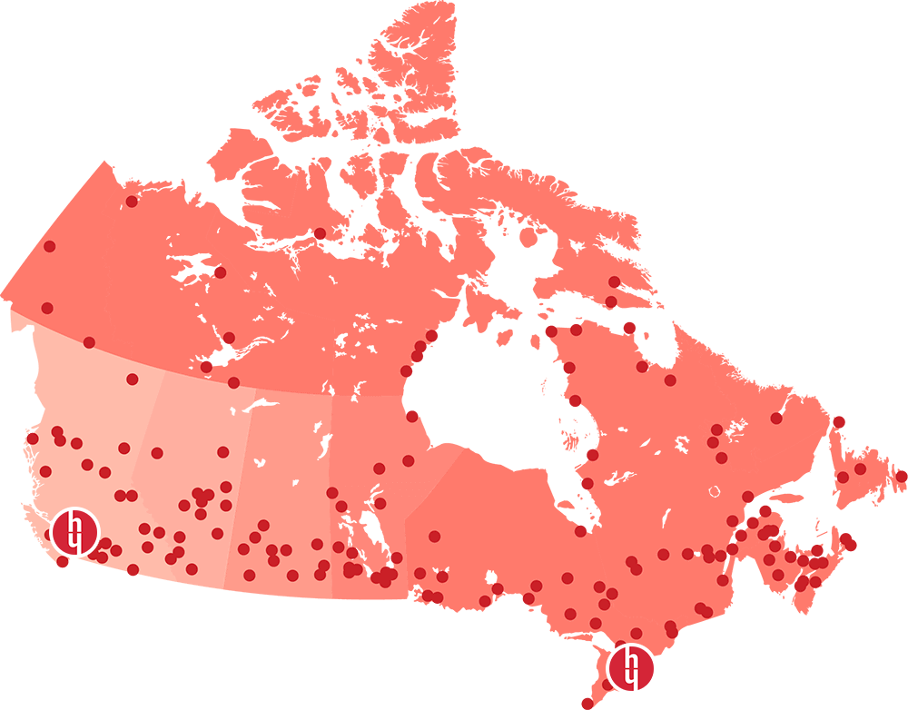 A Canadian map showing the locations served by Healthcord Cryogenics, including Vancouver, Calgary, Toronto, and more.